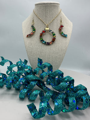 Multi-Colored Round Rhinestone Pendent w/Matching C-Shaped Earrings (Clearance)