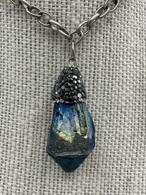 Metallic Stone Pendent on Brushed Silver Chain w/Matching Earrings (Clearance)