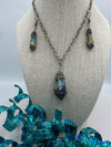 Metallic Stone Pendent On Brushed Silver Chain w/ Matching Earrings (Clearance)