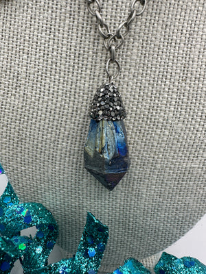 Metallic Stone Pendent On Brushed Silver Chain w/ Matching Earrings (Clearance)