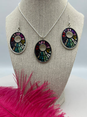 Multi-Colored Pendent on Silver Snake Chain w/ Matching Earrings (Clearance)