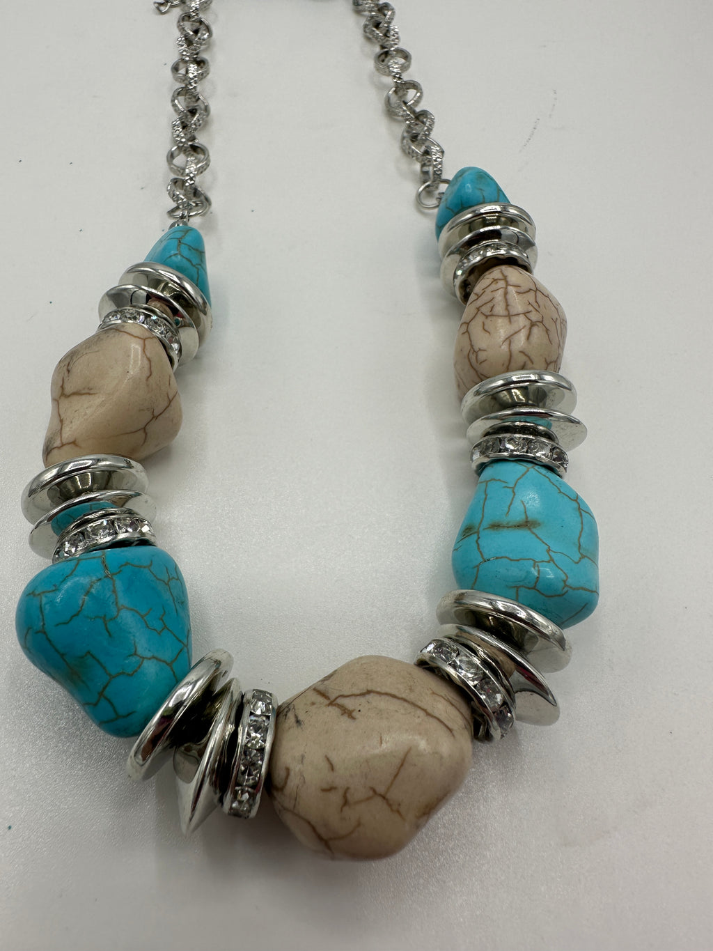 Turquoise, Beige & Silver Beaded Necklace Set w/ Matching Earrings (Clearance)