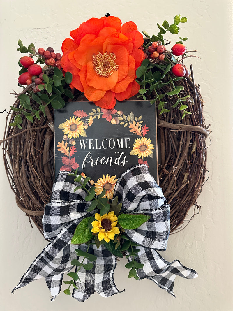 Welcome Friends Grapevine Wreath