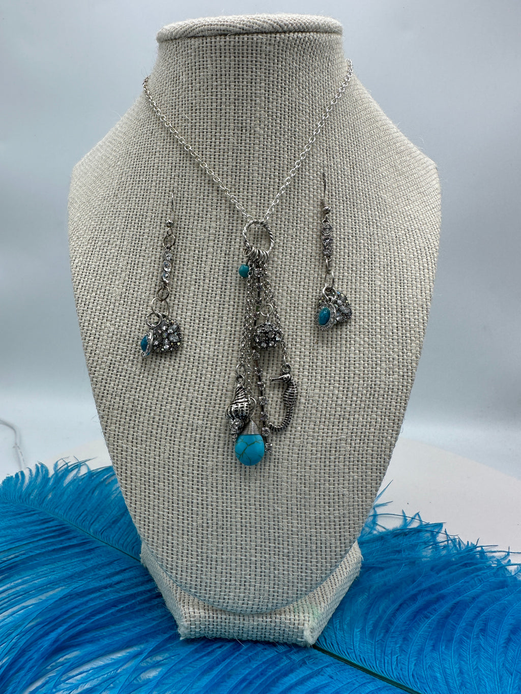 Five Tier Silver & Faux Turquoise Necklace on Silver Ring & Chain (Clearance)