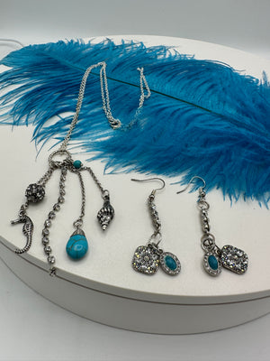 Five Tier Silver & Faux Turquoise Necklace on Silver Ring & Chain (Clearance)