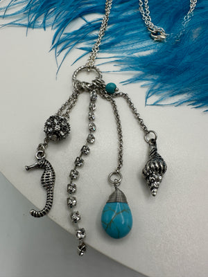 Five Tier Silver & Faux Turquoise Necklace on Silver Ring & Chain (Clearance)