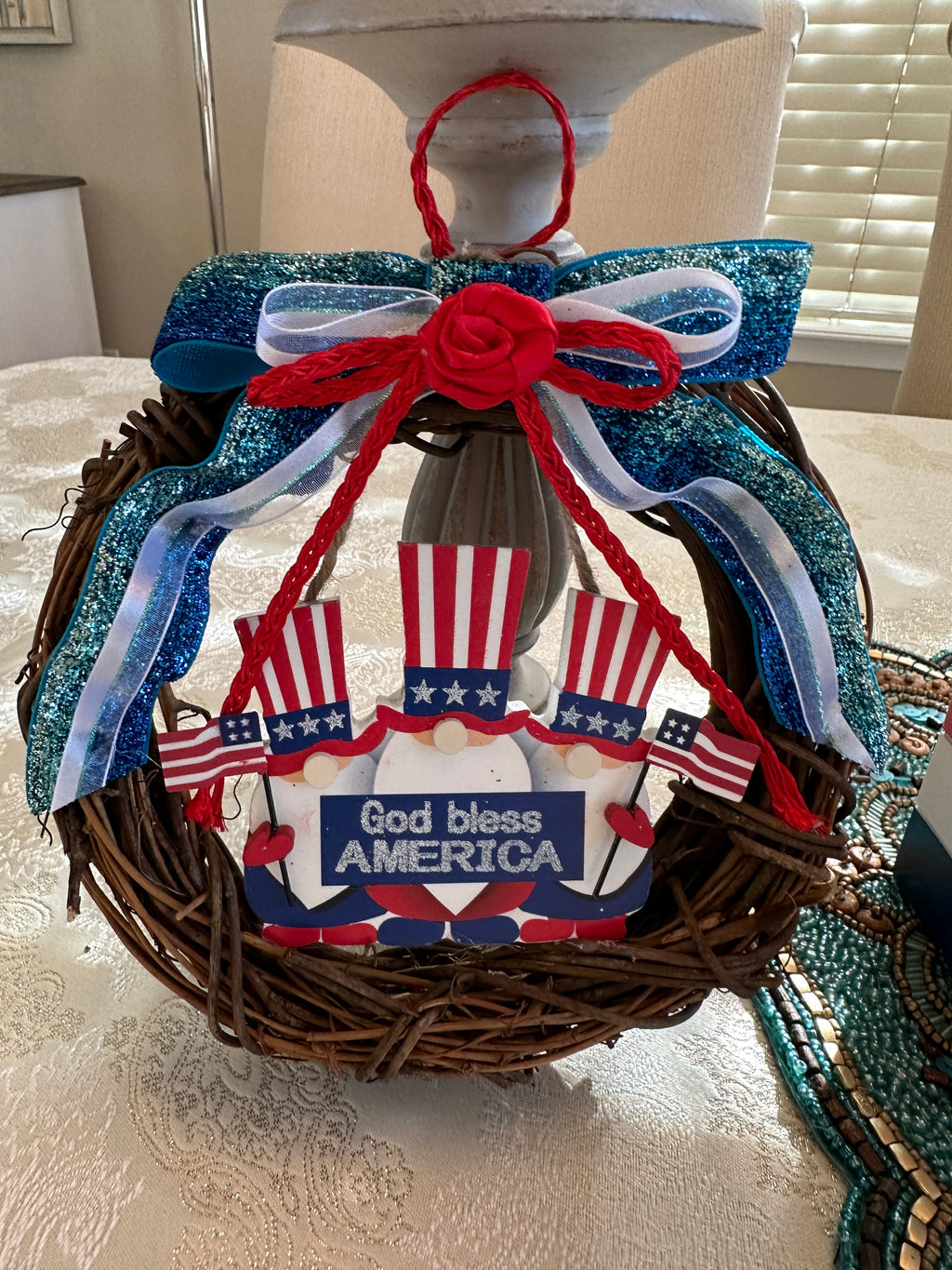 Fourth of July Mini Grapevine Patriotic Gnome Wreath