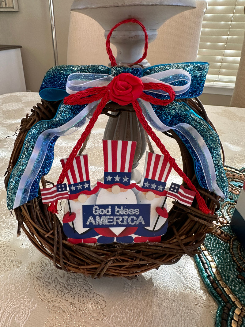 Fourth of July Mini Grapevine Patriotic Gnome Wreath