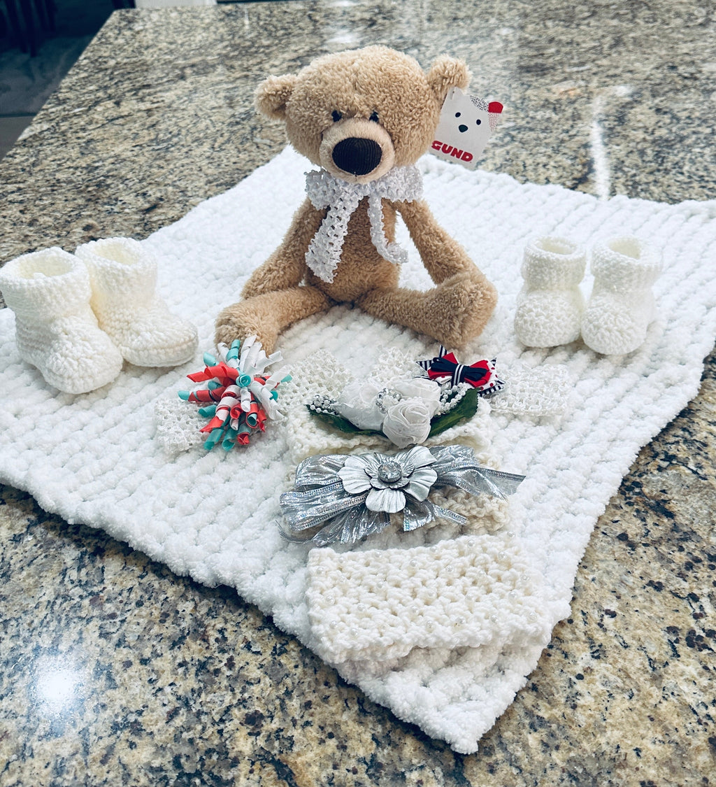 White Finger Knitted Baby Afghan Set