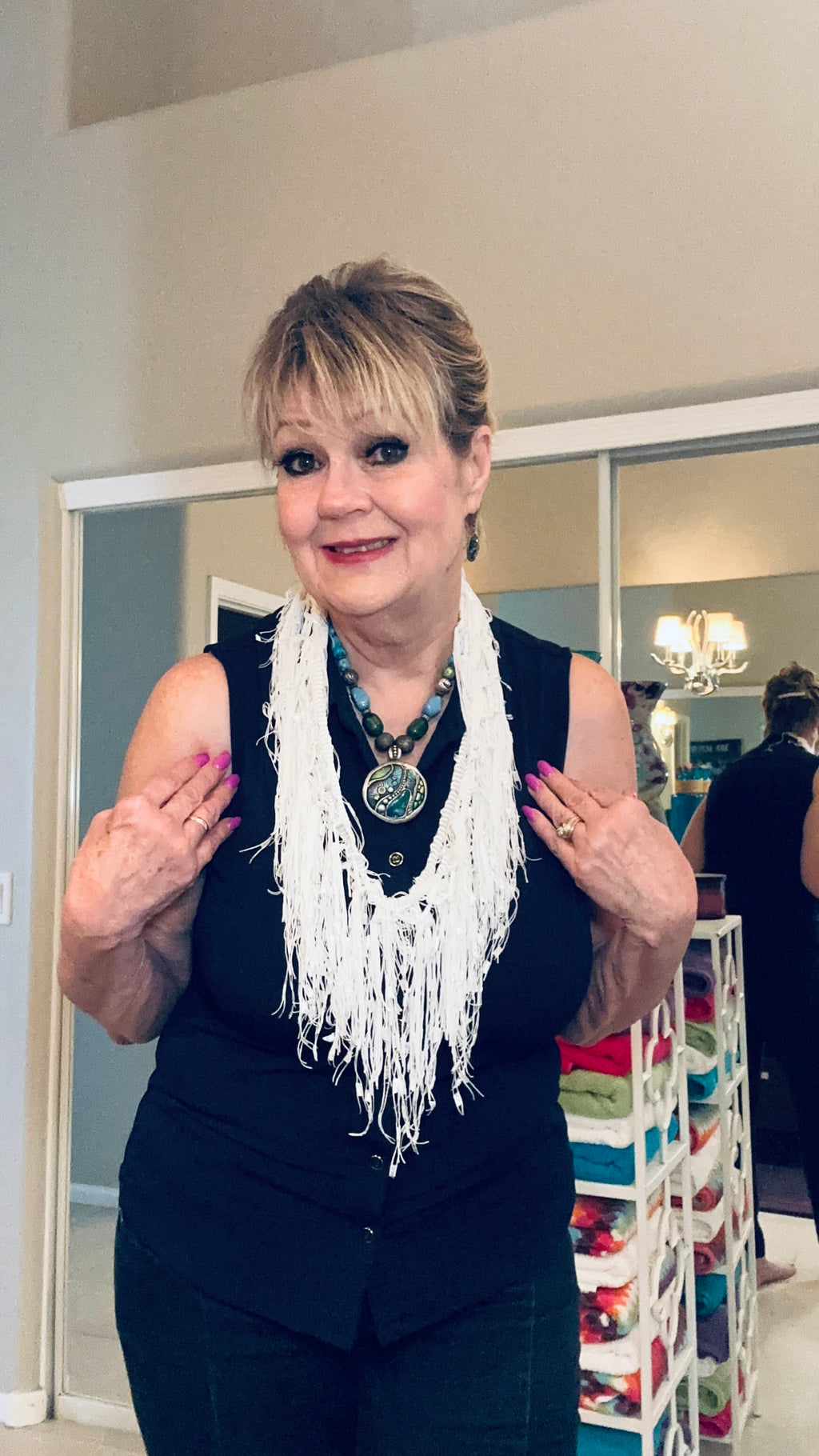 White Turkish Fringe & Ladder Ribbon Infinity Scarf