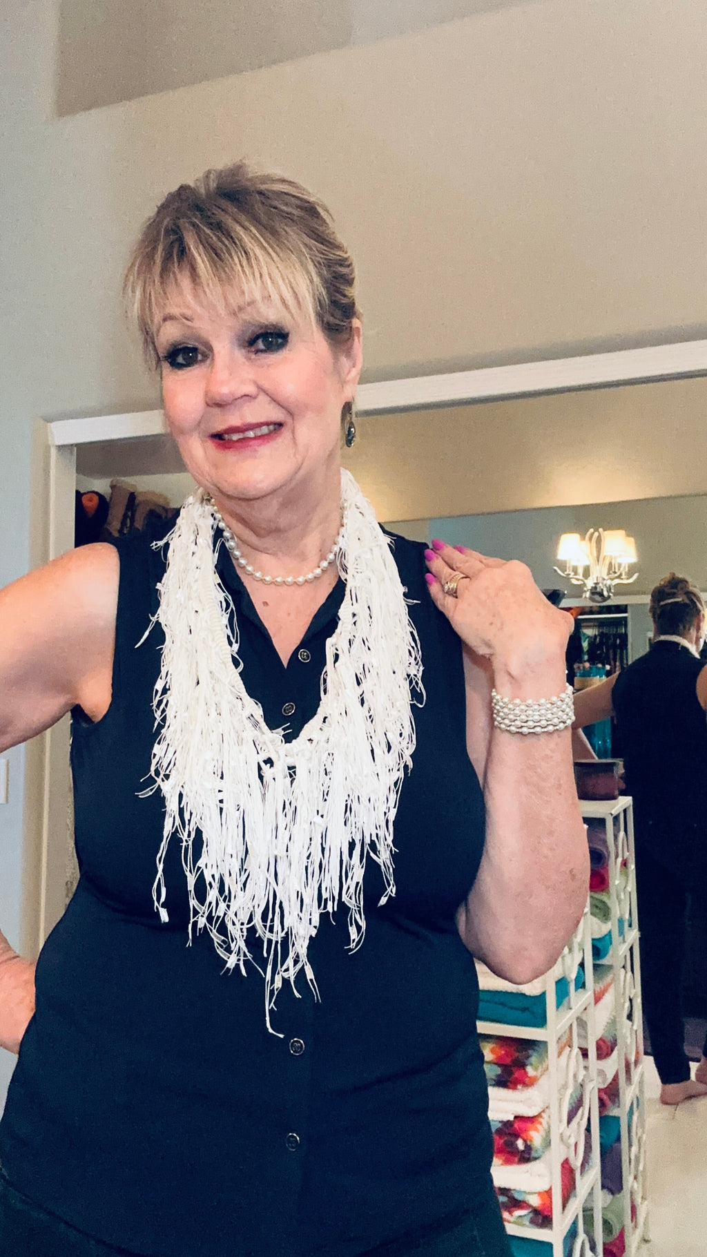 White Turkish Fringe & Ladder Ribbon Infinity Scarf