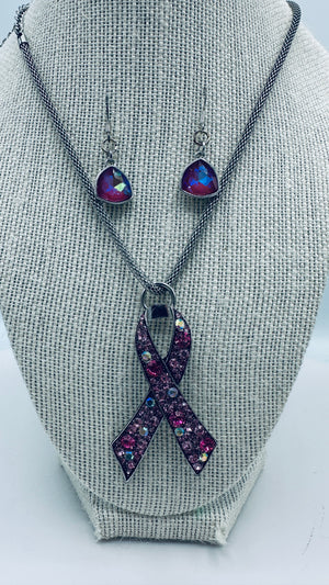 Breast Cancer Awareness Pink Rhinestone Ribbon Necklace