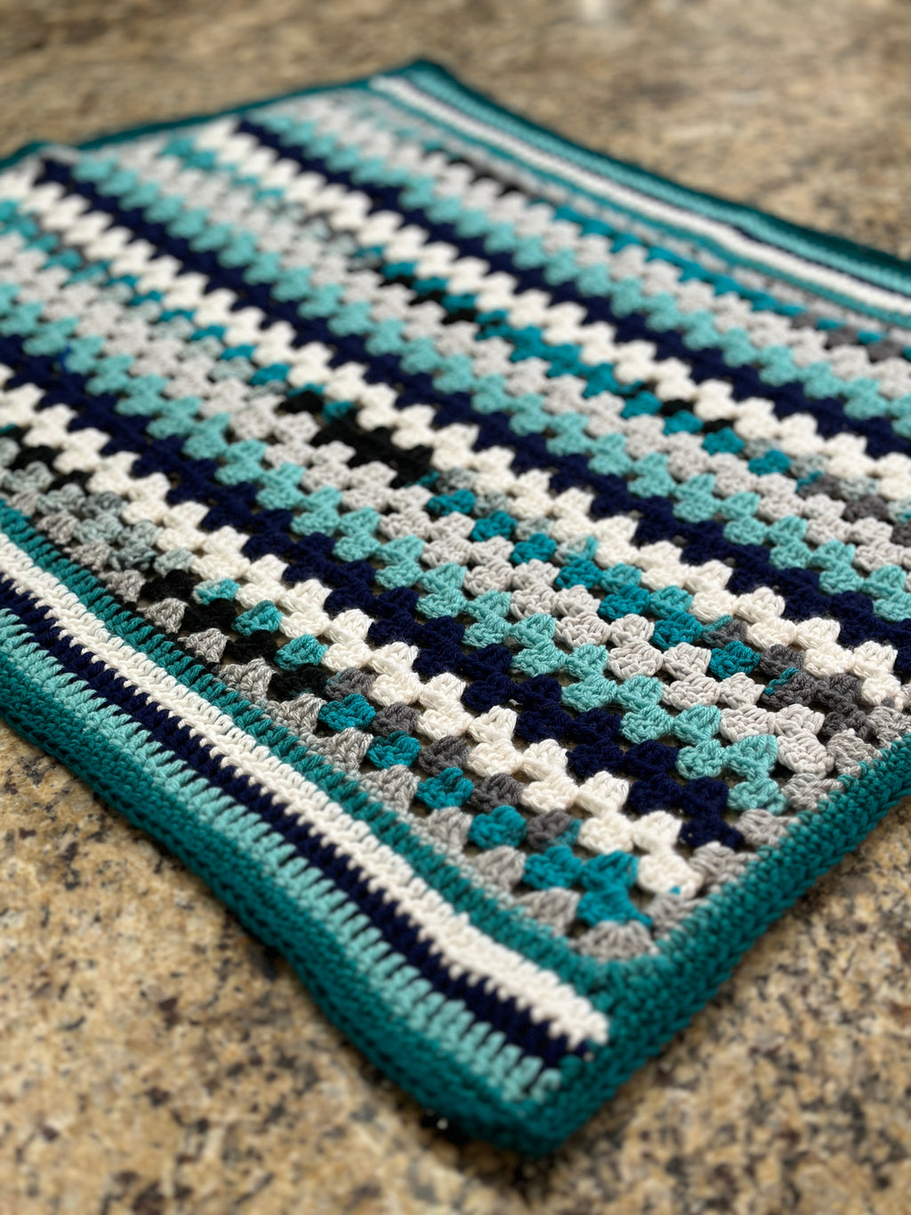 Multi-Colored Turquoise & White Unisex Baby Afghan, Four Beanies & Cuddly Teddy Bear Set