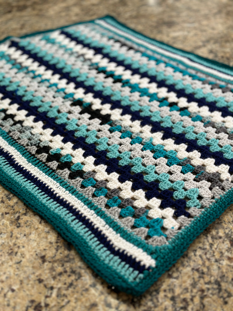Multi-Colored Turquoise & White Unisex Baby Afghan, Four Beanies & Cuddly Teddy Bear Set