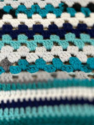 Multi-Colored Turquoise & White Unisex Baby Afghan, Four Beanies & Cuddly Teddy Bear Set