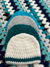 Multi-Colored Turquoise & White Unisex Baby Afghan, Four Beanies & Cuddly Teddy Bear Set
