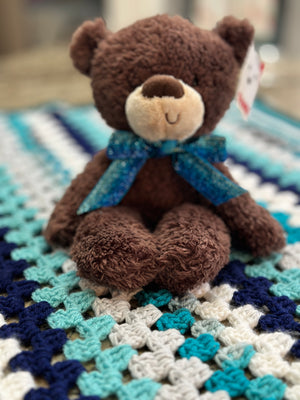 Multi-Colored Turquoise & White Unisex Baby Afghan, Four Beanies & Cuddly Teddy Bear Set