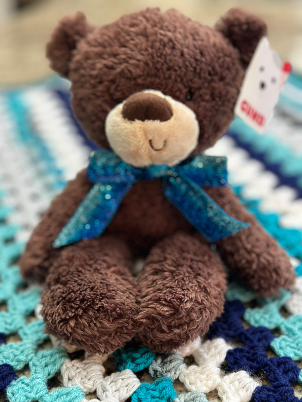 Multi-Colored Turquoise & White Unisex Baby Afghan, Four Beanies & Cuddly Teddy Bear Set