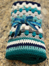 Multi-Colored Turquoise & White Unisex Baby Afghan, Four Beanies & Cuddly Teddy Bear Set