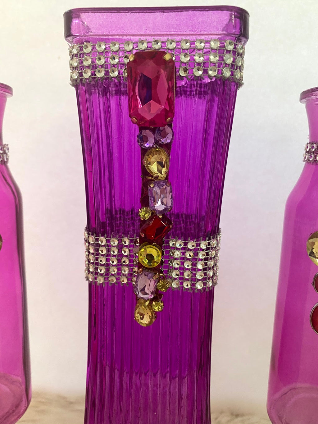 Three Piece Purple & Hot Pink Vase Glassware Set
