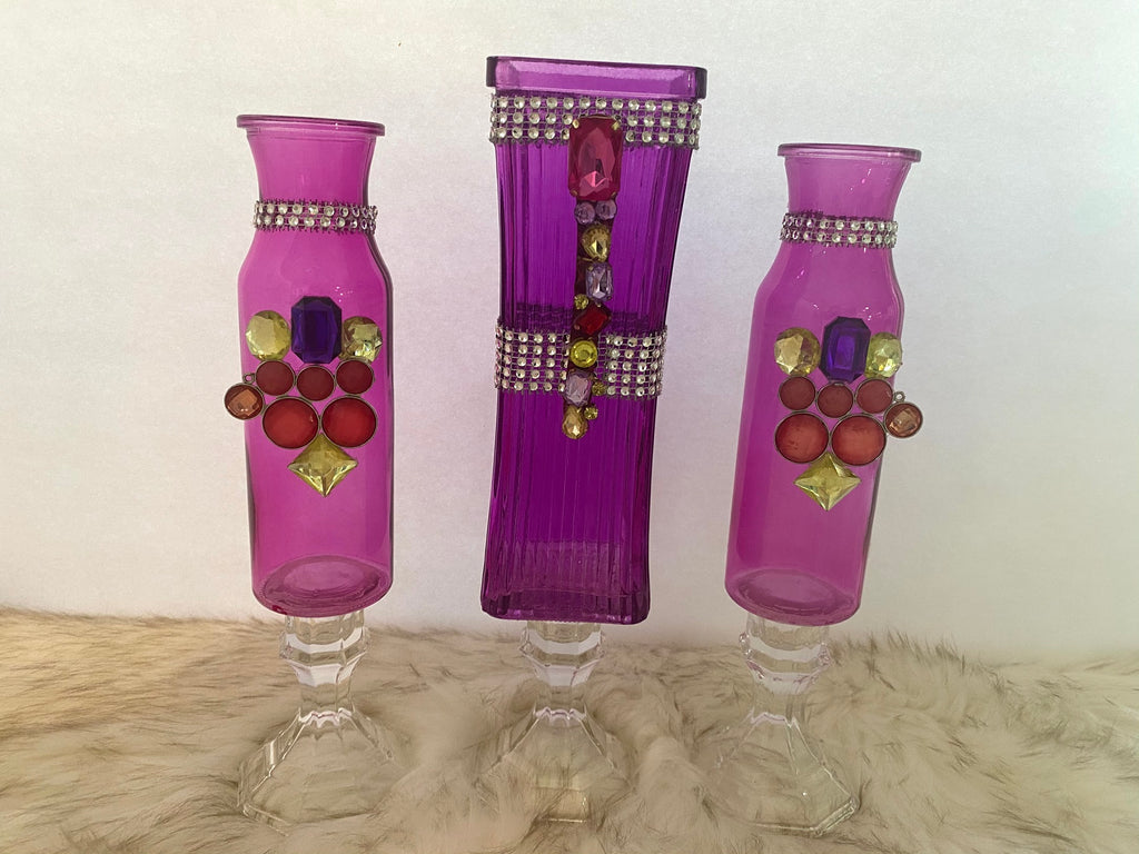 Three Piece Purple & Hot Pink Vase Glassware Set