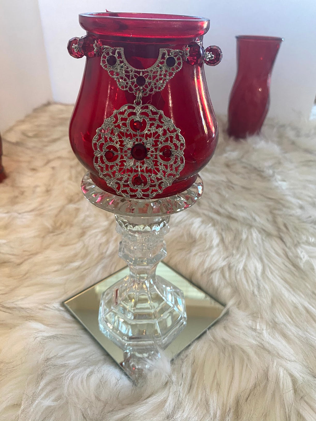 Three Piece Red Vases & Candle Glassware Set
