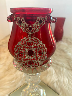 Three Piece Red Vases & Candle Glassware Set