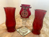 Three Piece Red Vases & Candle Glassware Set