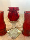 Three Piece Red Vases & Candle Glassware Set