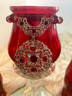 Three Piece Red Vases & Candle Glassware Set