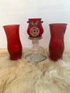 Three Piece Red Vases & Candle Glassware Set
