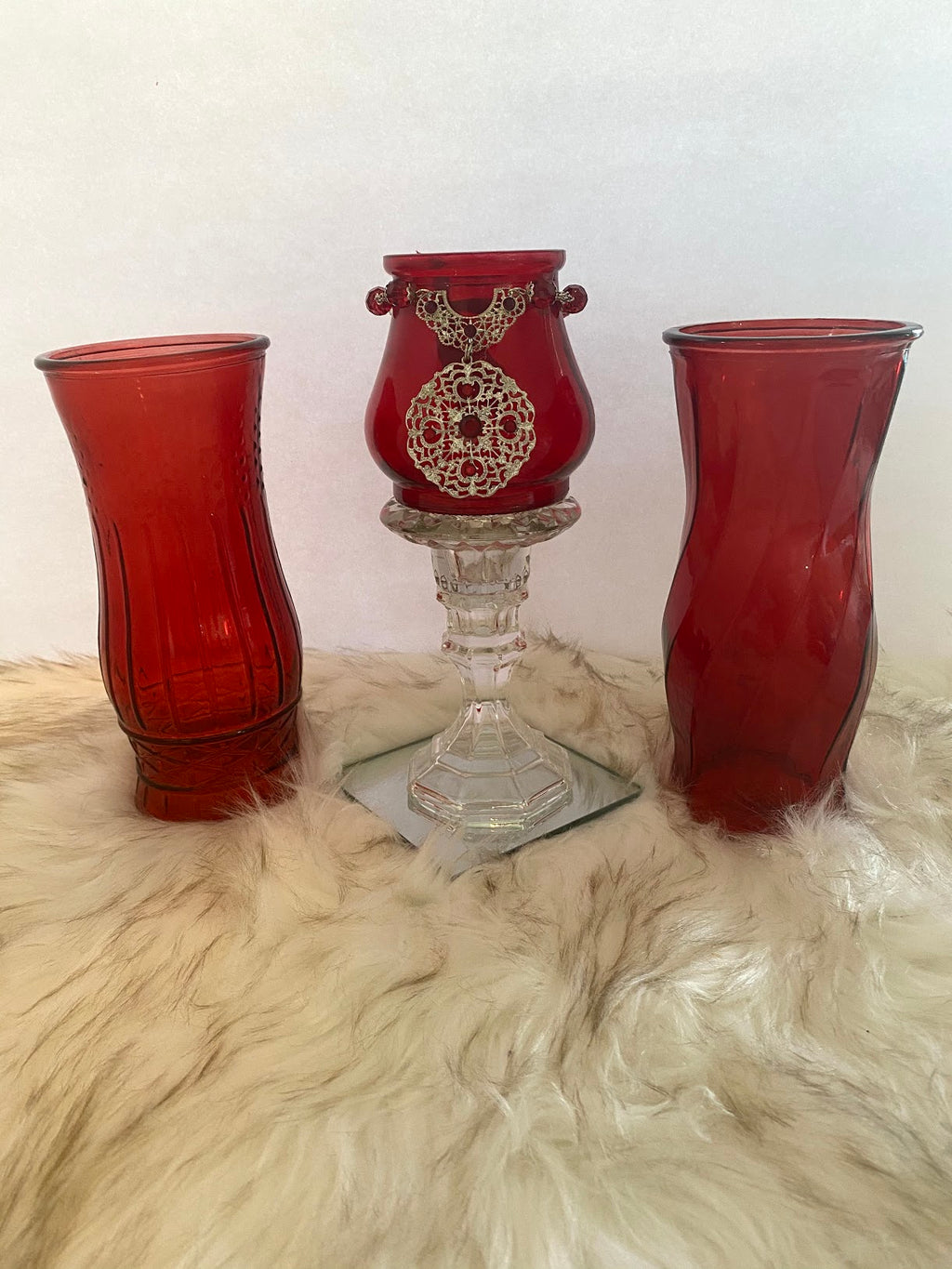 Three Piece Red Vases & Candle Glassware Set