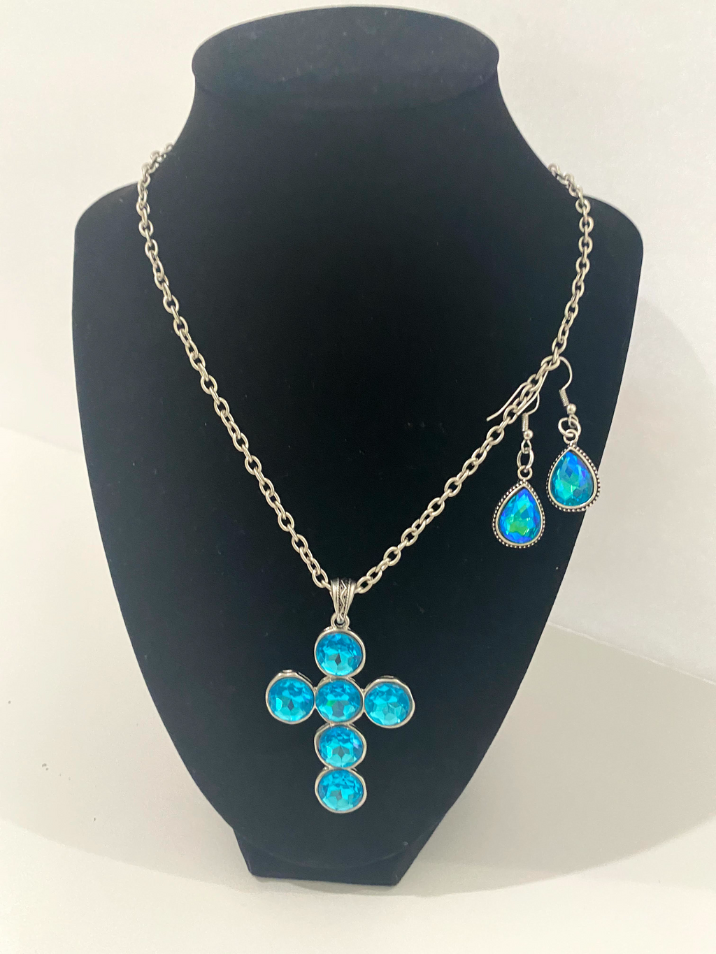 Turquoise Rhinestone Cross Necklace & Earrings