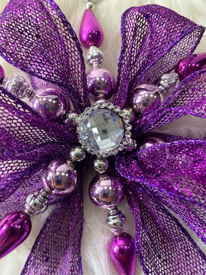 Purple Mesh Bow W/ Hot Pink, Pink & Silver Snowflake & Silver Rhinestone Center