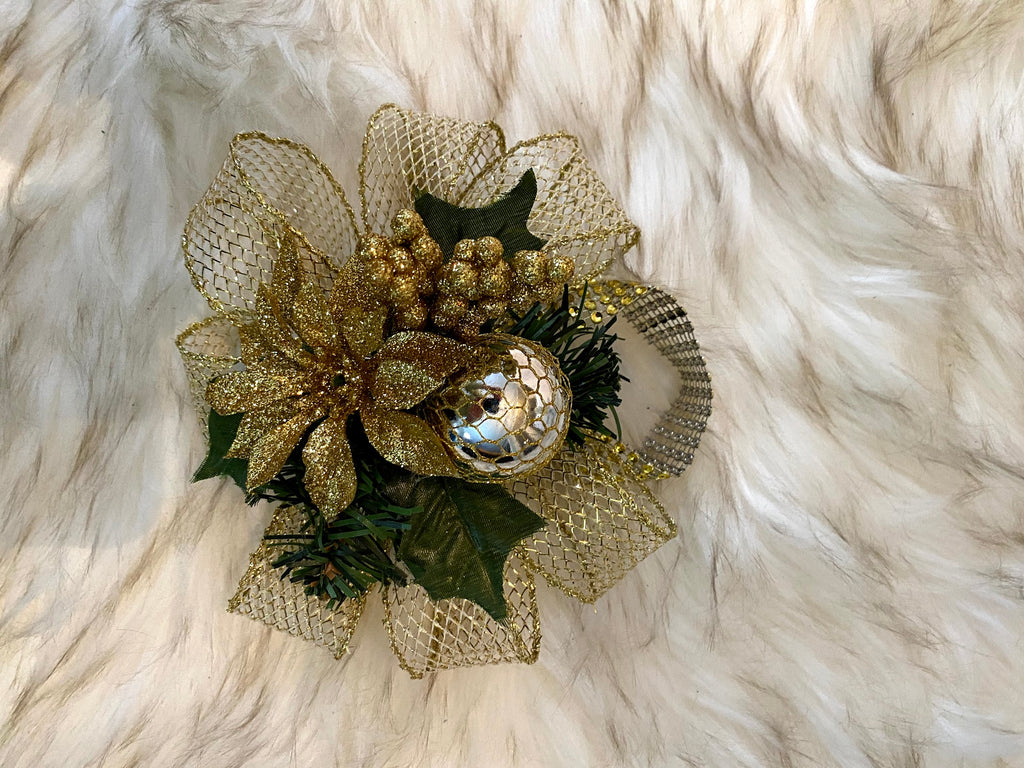 Gold Mesh Floral Bow with Gold Sparkly Poinsettia