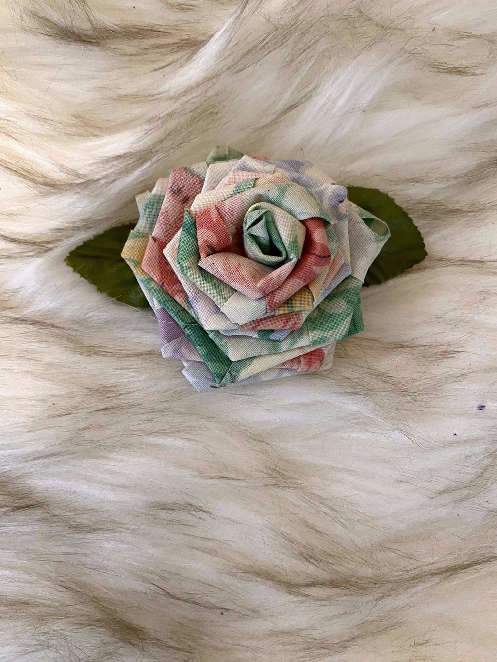 Pink, Green & White Handmade Rosette W/Clip