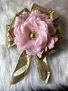 Metallic Gold Bow W/Large Pink Flower & Gold Sparkly Center