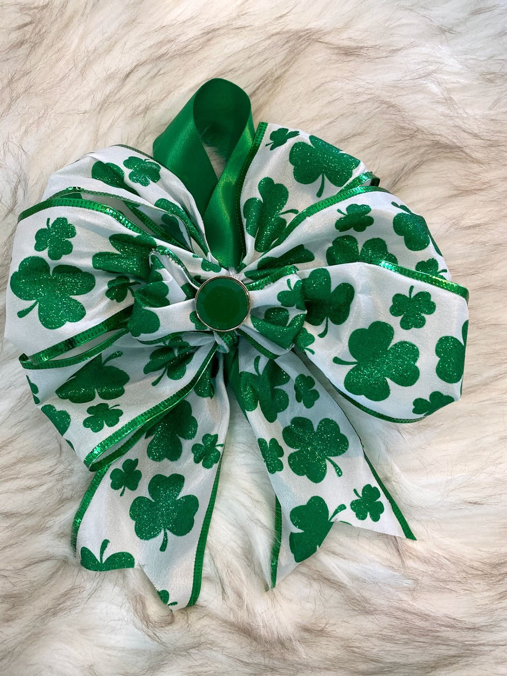 St. Patricks Day Bow W/ Large Emerald Green Rhinestone Center