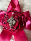 Hot Pink Bow Embellishment W/Rosette & Rhinestone Center