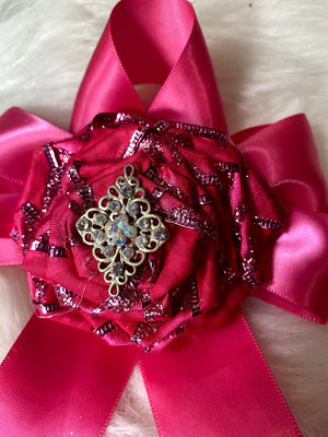 Hot Pink Bow Embellishment W/Rosette & Rhinestone Center