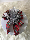 Red Plaid Floral Bow w/Silver Sparkly 3-D Snowflake