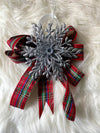 Red Plaid Floral Bow w/Silver Sparkly 3-D Snowflake