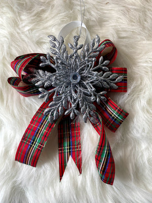Red Plaid Floral Bow w/Silver Sparkly 3-D Snowflake
