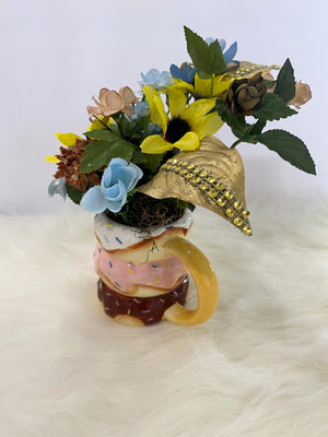 Floral Arrangement w/Yellow Sunflowers, Blue, Beige & Brown Flowers...
