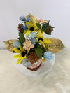 Floral Arrangement w/Yellow Sunflowers, Blue, Beige & Brown Flowers...