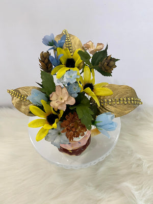 Floral Arrangement w/Yellow Sunflowers, Blue, Beige & Brown Flowers...
