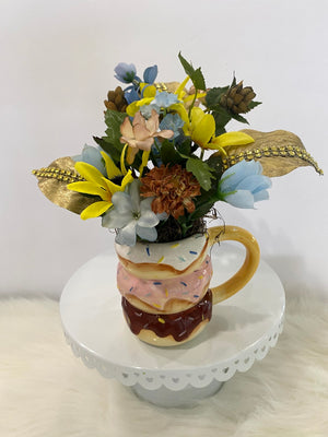 Floral Arrangement w/Yellow Sunflowers, Blue, Beige & Brown Flowers...
