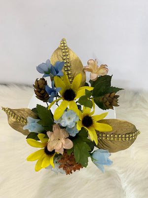 Floral Arrangement w/Yellow Sunflowers, Blue, Beige & Brown Flowers...