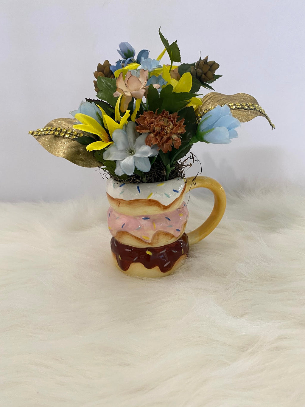 Floral Arrangement w/Yellow Sunflowers, Blue, Beige & Brown Flowers...