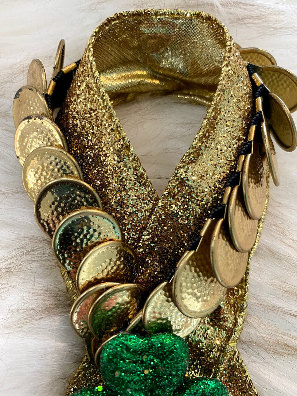 St. Patricks Day Gold Sparkly Bottle Sash W/String of Gold Coins Gift Embellishment